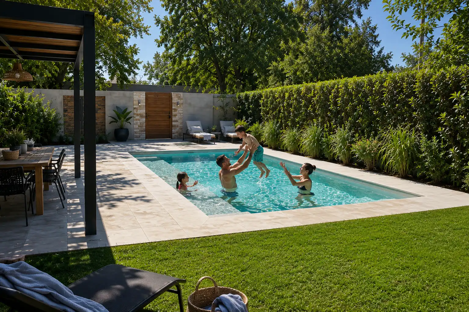 Familia disfrutando de una piscina construida por Aqualuz en el patio de su casa